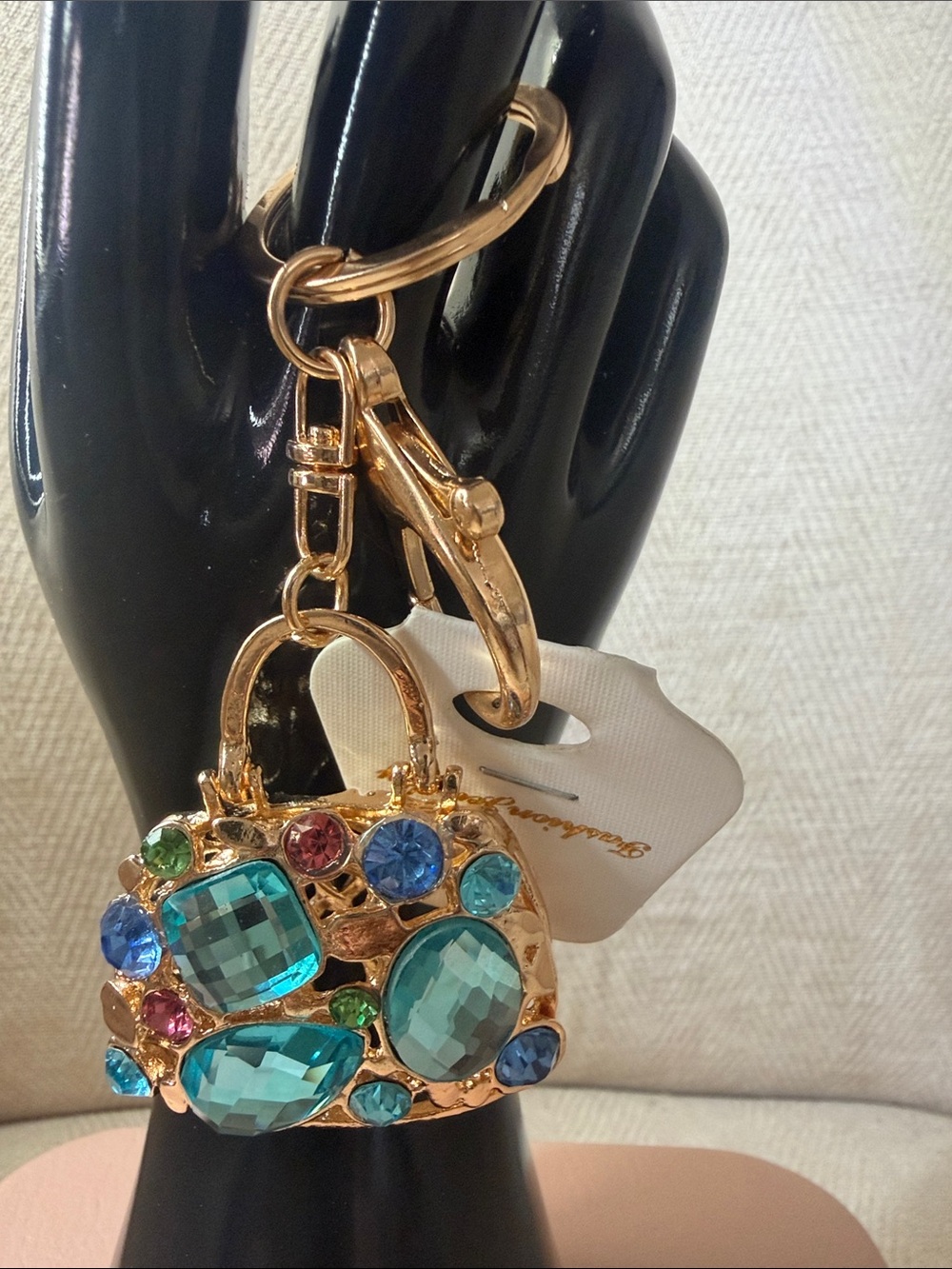 Gold-tone Jeweled Handbag Keychain with Blue & Teal Gems